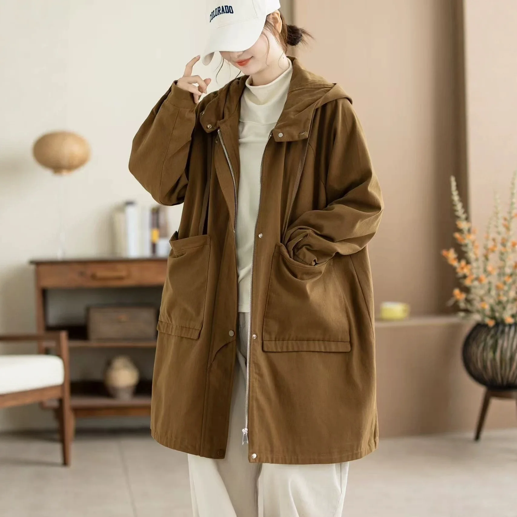 SuperAen 2026 Spring and Autumn New Korean Style Trench Women's Coat Mid-length Hooded Loose and Casual Simple Coat