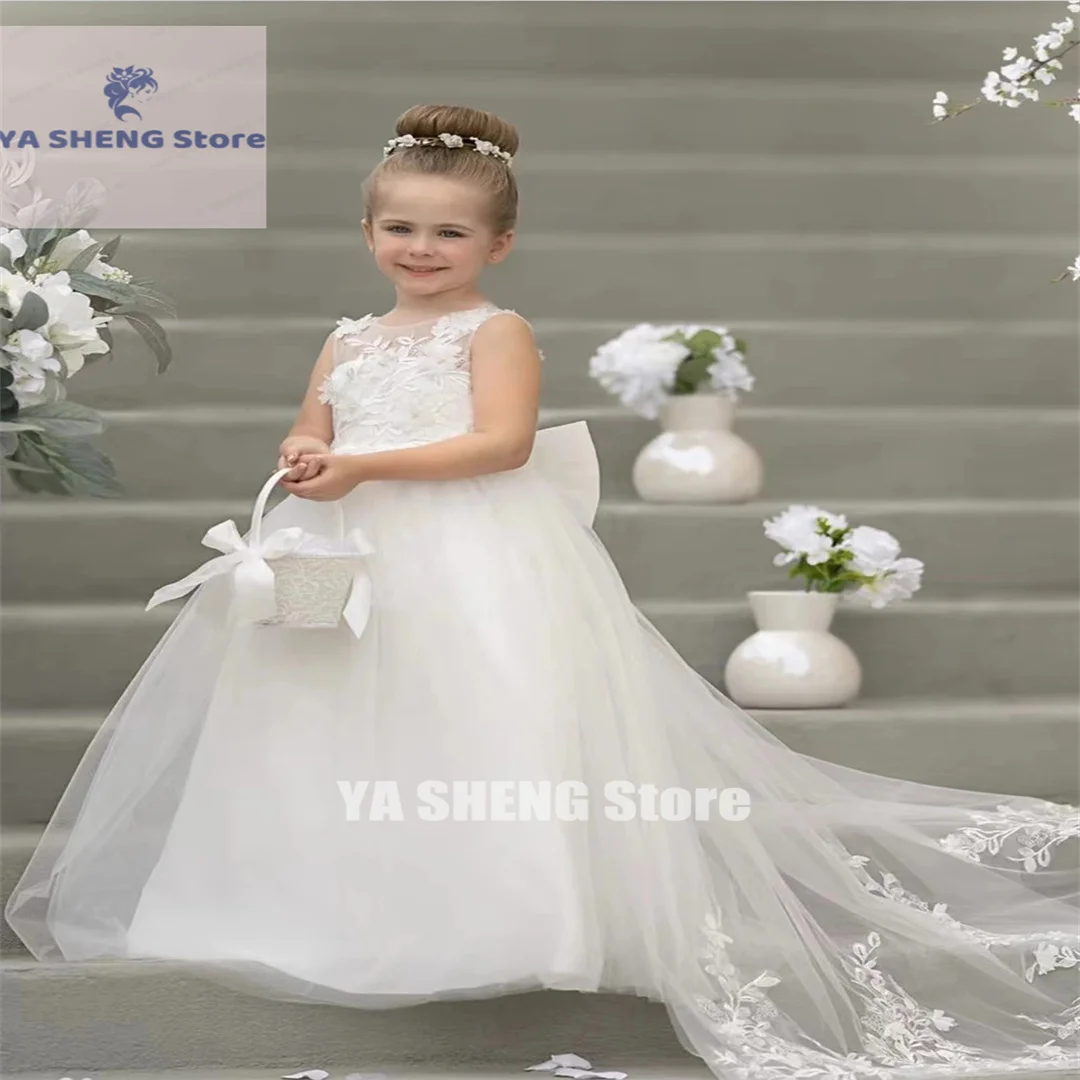 White Tulle Puffu Lace Applique Sleeveless With Bow Flower Girl Dress For Wedding Elegant Birthday Party First Communion Gown