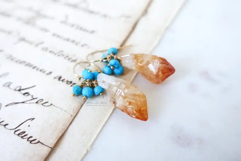 Raw Citrine Earrings, November Birthstone Jewelry, Turquoise Cluster Earrings, Raw Gemstone Earrings, Yellow