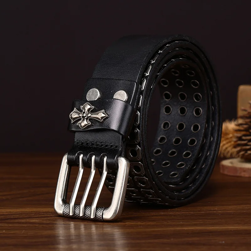 Men's Retro Rock Three-Pin Buckle Rivet Belt Genuine Leather First Layer Cowhide Motorcycle Punk Style Overalls Belt