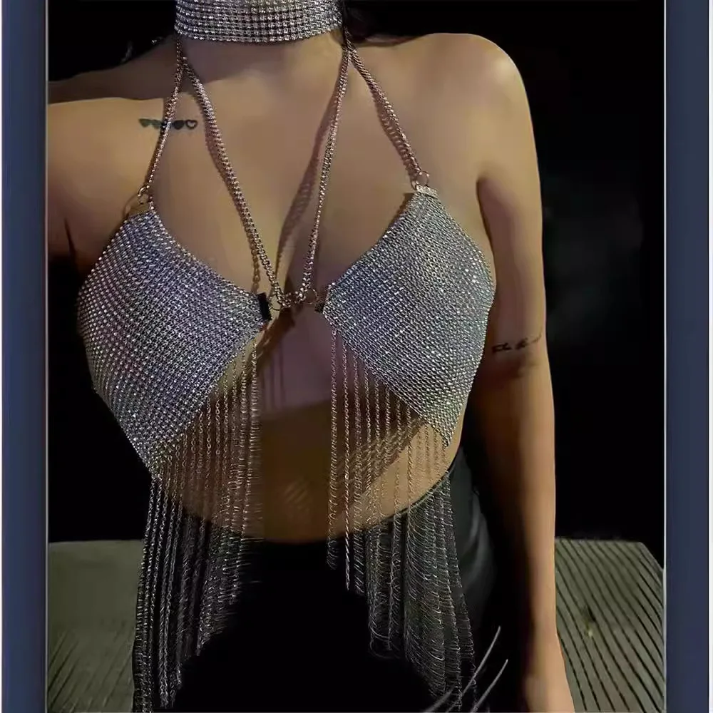 Tassel Fringe Metal Mesh Body Chain V Neck Halter Crop Top Party Rave Club Beach Vacation Night Out Outfit