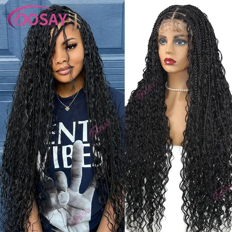 32 Inch Synthetic Boho Braided Wigs Full Lace Braided Wigs With Curly Ends Lace Front Knotless Box Braided Wigs for Black Women