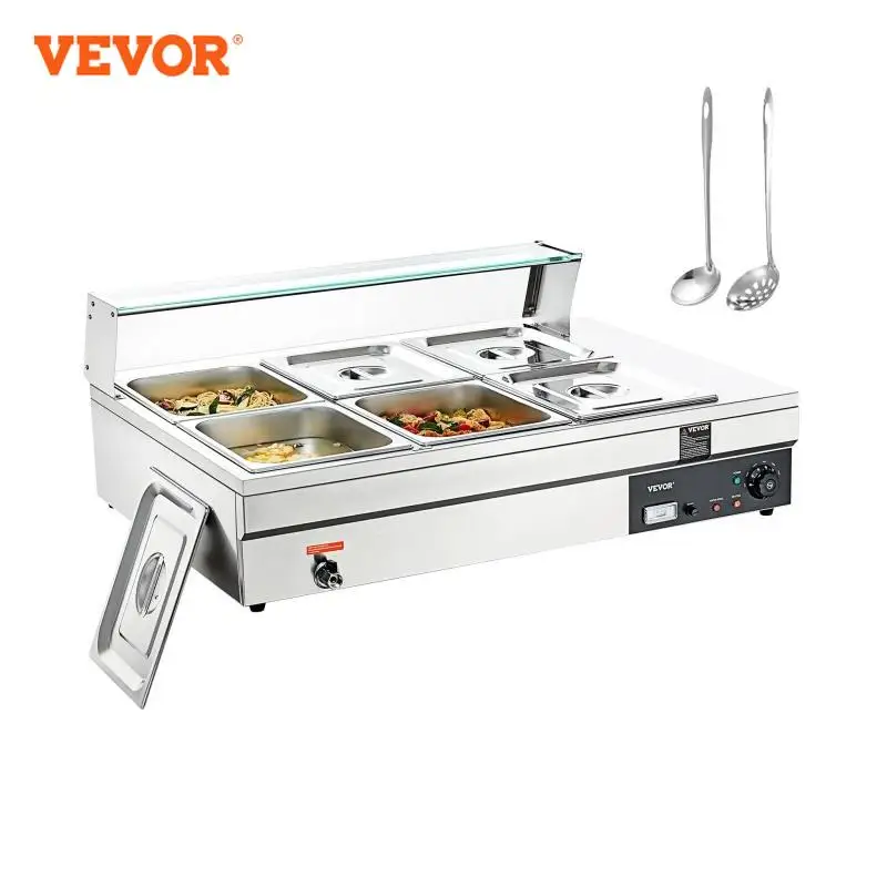 VEVOR 6-Pan Commercial Food Warmer, 6 x 12QT Electric Steam Table with Tempered Glass Cove