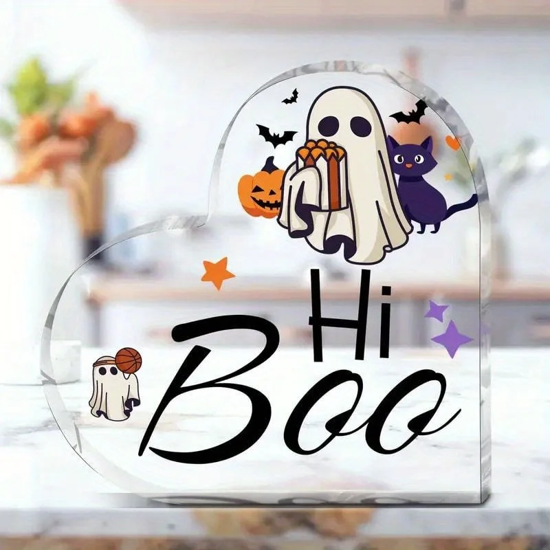Hi Boo Ghost Heart‑Shaped Acrylic Plaque, Halloween Desktop Decor,Cute Ghost Black Cat Pumpkin Heart Acrylic Sign, Spooky Season Shelf Ornament