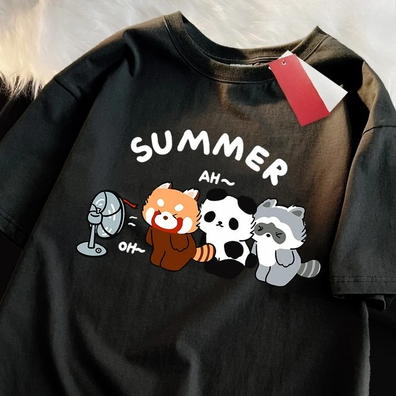 3 Raccoons Blowing Fans Print T-Shirt Street Breathable Tshirt Fashion Tees Oversized Street Clothes Women Graphic T Shirts Y2K