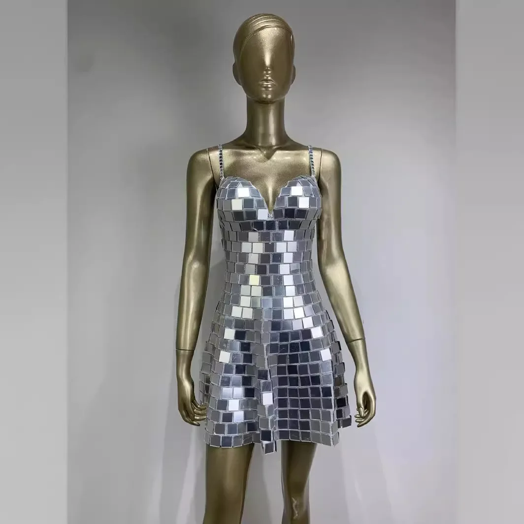 Neues Spiegel Pailletten hängen Riemen a-Linie y2k Cyber Party Kleid