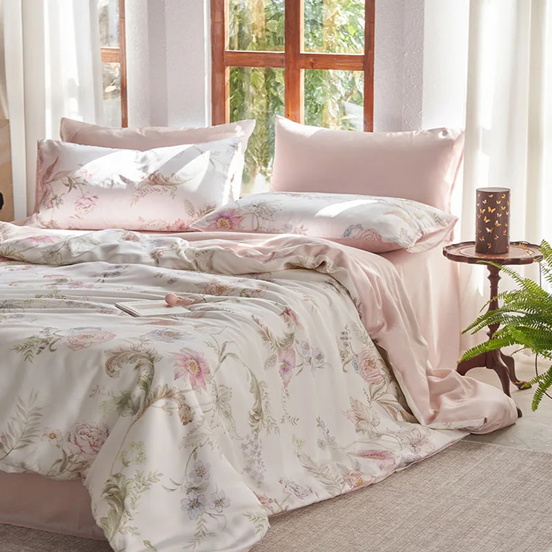 

Luxury Summer 100% Tencel Printed Bedding Sets High Quality Ice Silky Skin Friendly Quilt Set Bedroom Textile Supplies for Girls