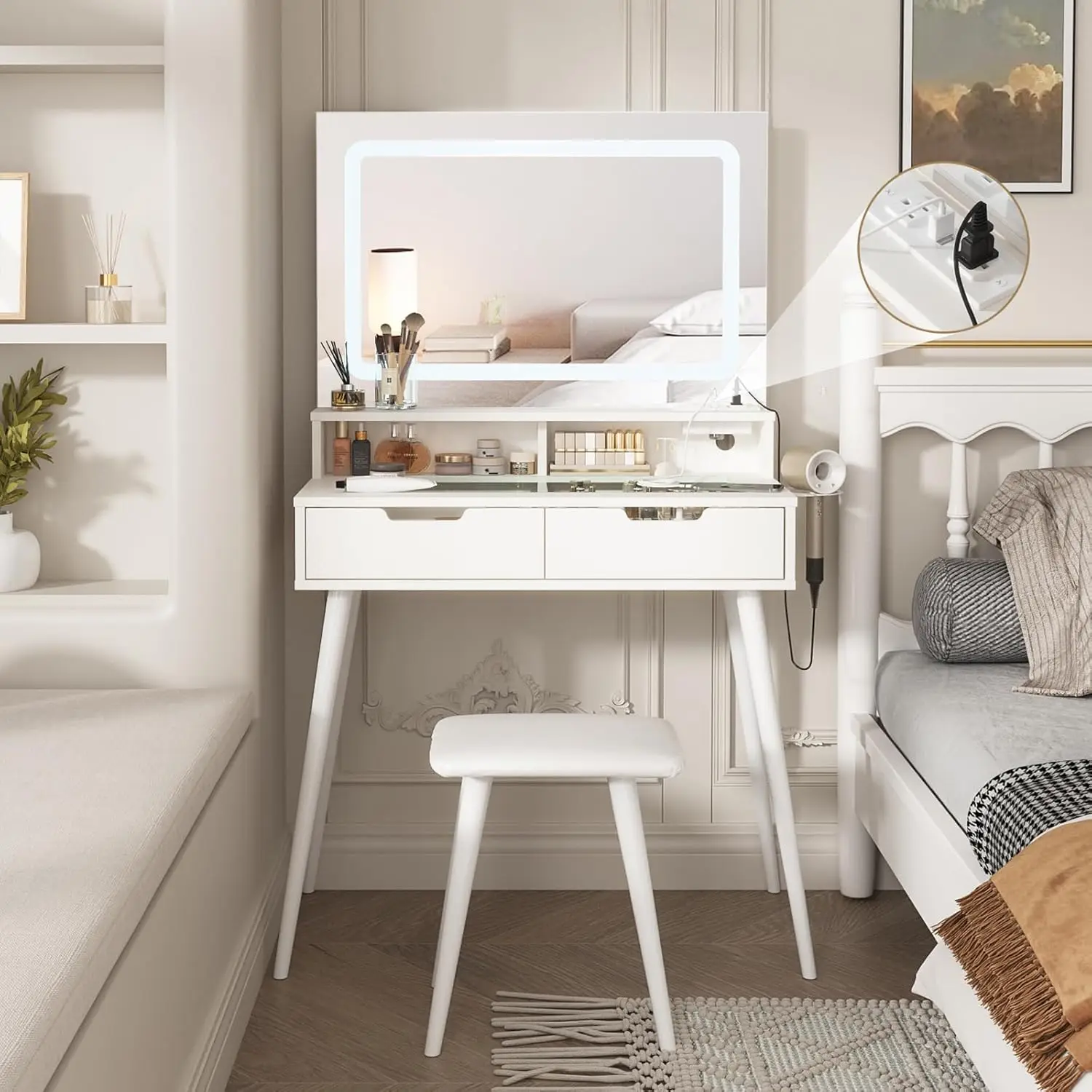 White Vanity Desk with Led Mirror&Charging Station,Glass Tabletop Vanity Table Set with Stool,Small Makeup Vanity with Drawers