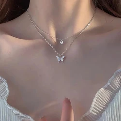 1PCS Double Layer Clavicle Chain Cool Neck Chain Fashion Shiny Butterfly Necklace Ladies Exquisite For Women Jewelry Gift