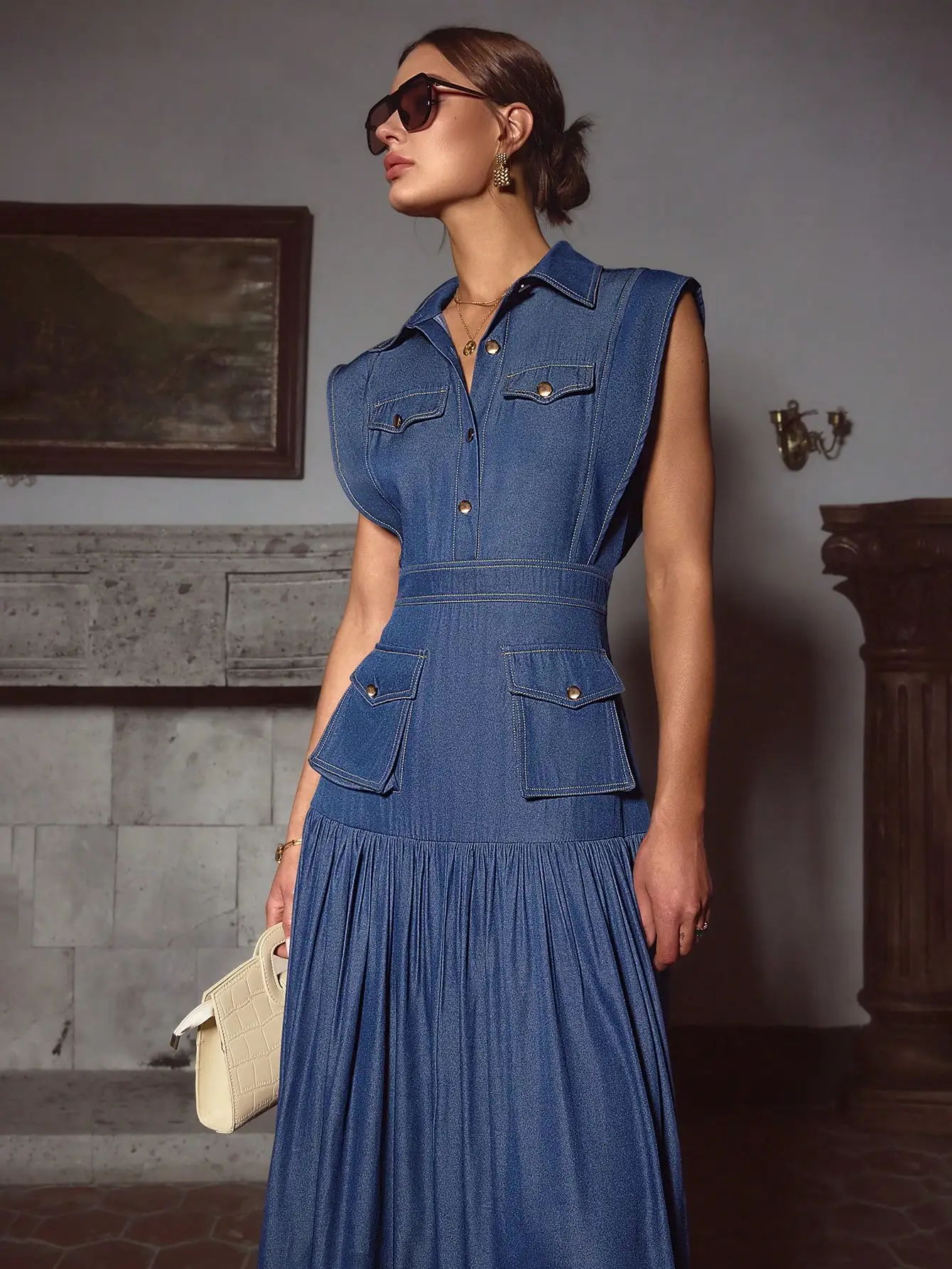 

Sleeveless Denim Pleated Pocket Dress For Women Office Elegant Spring Autumn