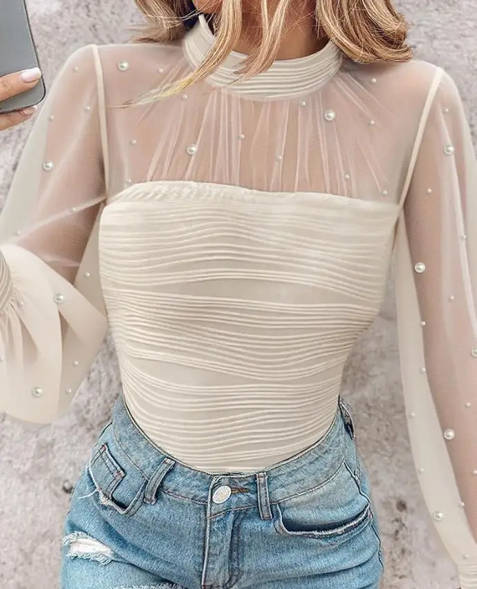 

Women's Sexy T-Shirt Pearls Decor High Neck Lantern Sleeve Sheer Mesh Spliced Tee Woman Fashion Slim Textured Top