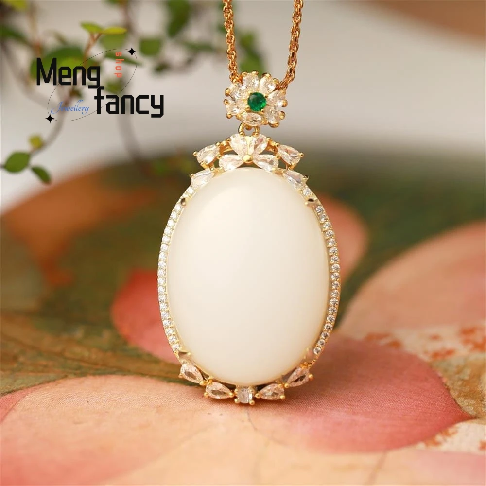 

Natural Sheep's Fat White Golden Silk Jade Inlaid Pigeon's Egg Pendant Simple Exquisite Best Selling Fashion Luxury Fine Jewelry