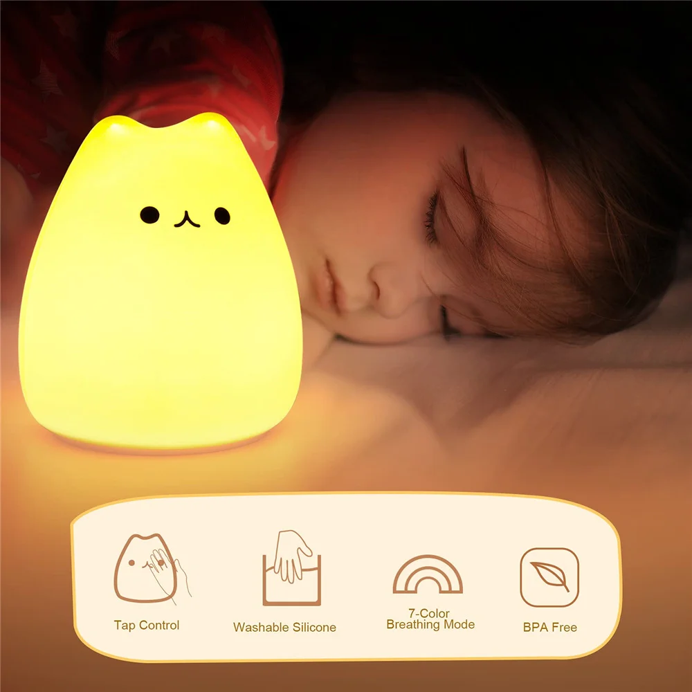 Girls Bedroom Kitty Night Light Cute Cat Lamp Birthday Gift Kids Baby Toddler Teen Silicone Kawaii Nightlight Nursery Room Decor