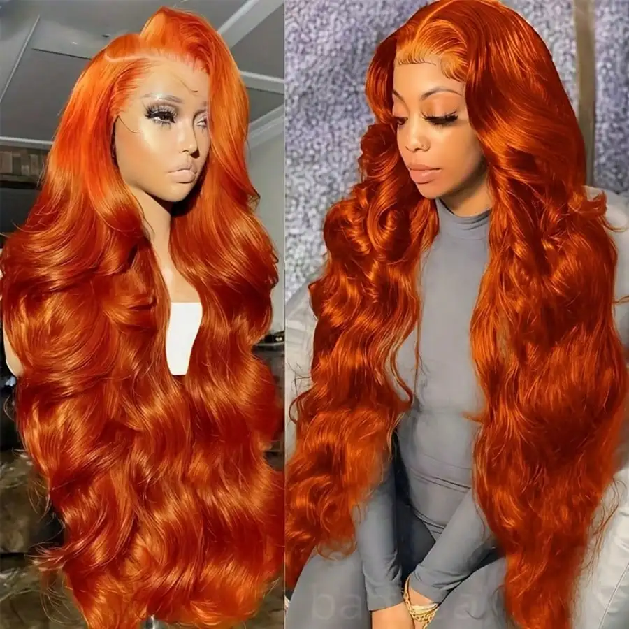 34 36 Inch Ginger Lace Front Human Hair Wigs Body Wave 350# Orange Colored 200% Density Pre Plucked 13x4 13x6 HD Transparent Lace Frontal Wig For Women Daily Party Use