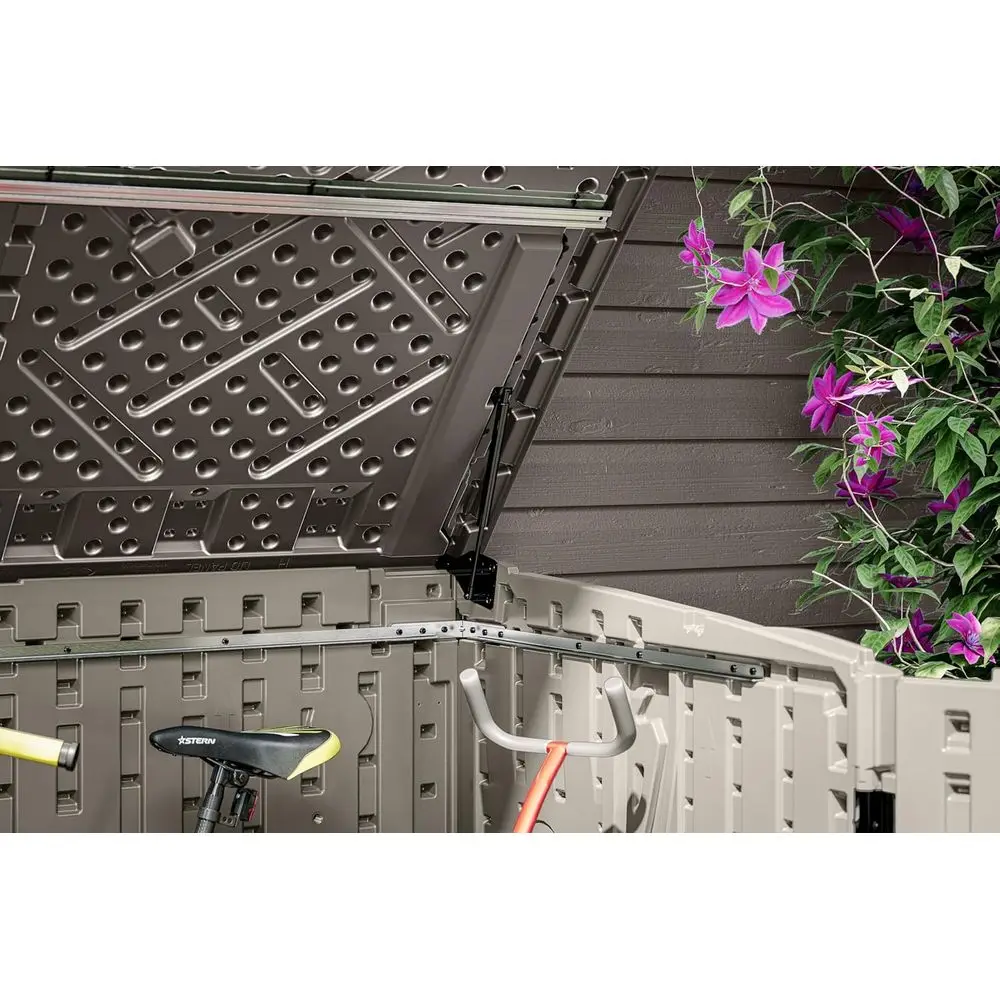 سقيفة تخزين أفقية للاستخدام الخارجي - لمسة نهائية طبيعية تشبه الخشب، راتينج مقاوم للطقس، غطاء مفصلي، أرضية معززة - الولايات المتحدة الأمريكية