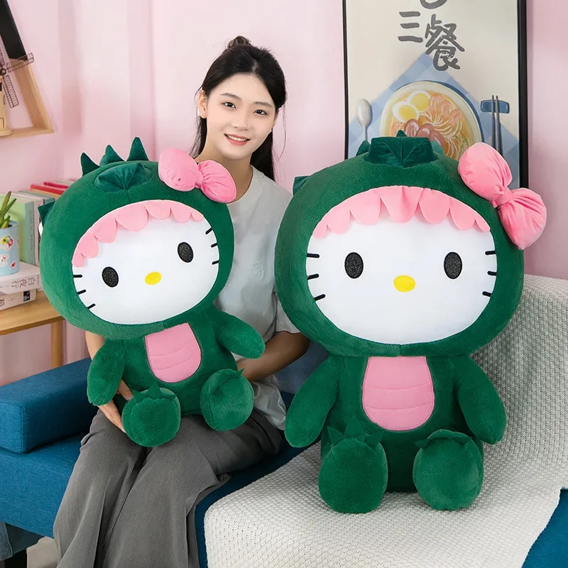 Sanrio mainan boneka Hello Kitty dinosaurus, dekorasi kamar boneka kartun Kawaii 35/50/65cm hadiah ulang tahun anak