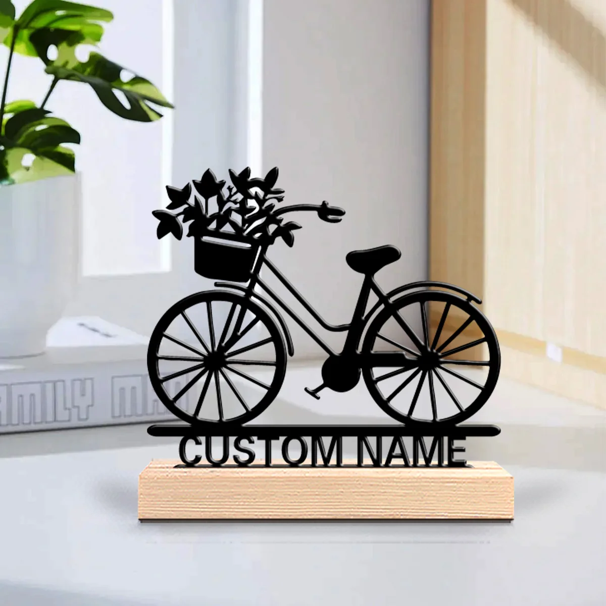 1pc Beauty Personalized Custom Bicycle Metal Statues Vintage Wooden Base Wall Art for Cycling Enthusiasts Cafe Retro Home Decor