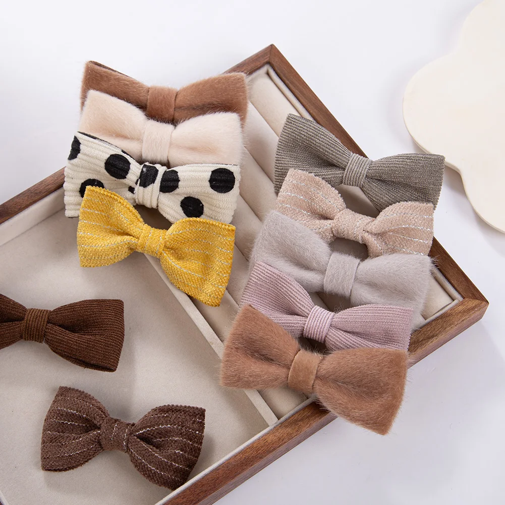 5 ชิ้น/เซ็ต Corduroy เด็กผม Bows คลิปฤดูใบไม้ร่วงฤดูหนาว Ins BB Barrettes สีดํา Dot ลาย Hairgrips หญิง Hairpins ผ้า Headwear