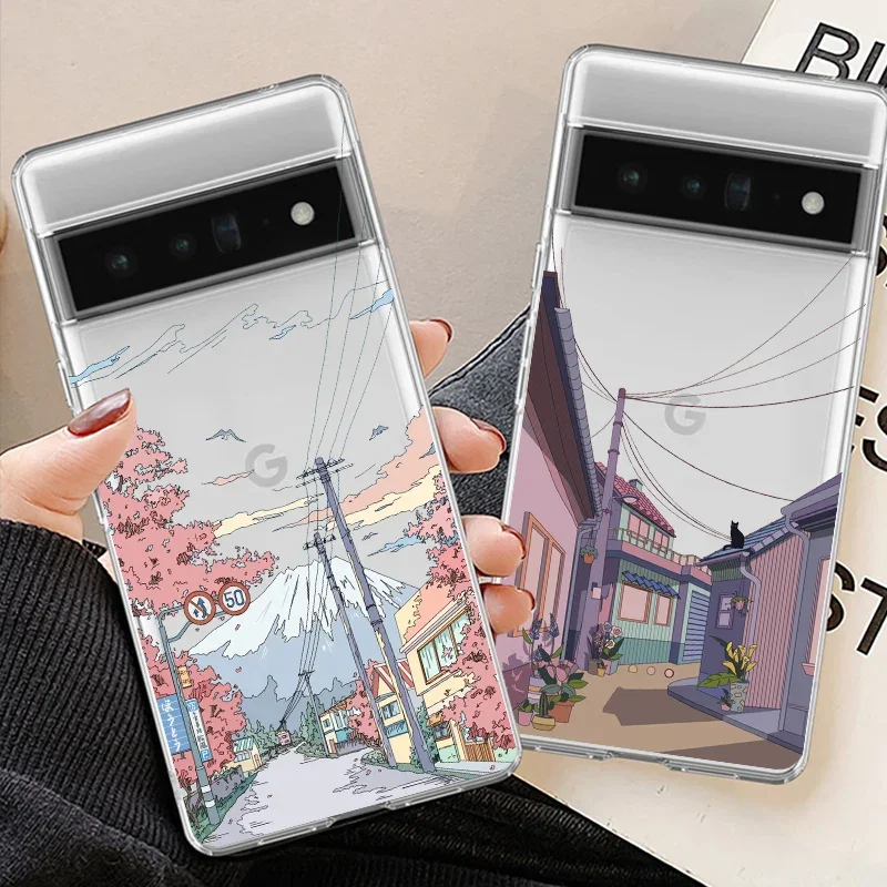 Japońskie etui na telefon z motywem Anime do Google Pixel 7a 7Pro 6a 6 6Pro 8 8 Pro 5G przezroczysta sceneria obejmuje skórę Fundas