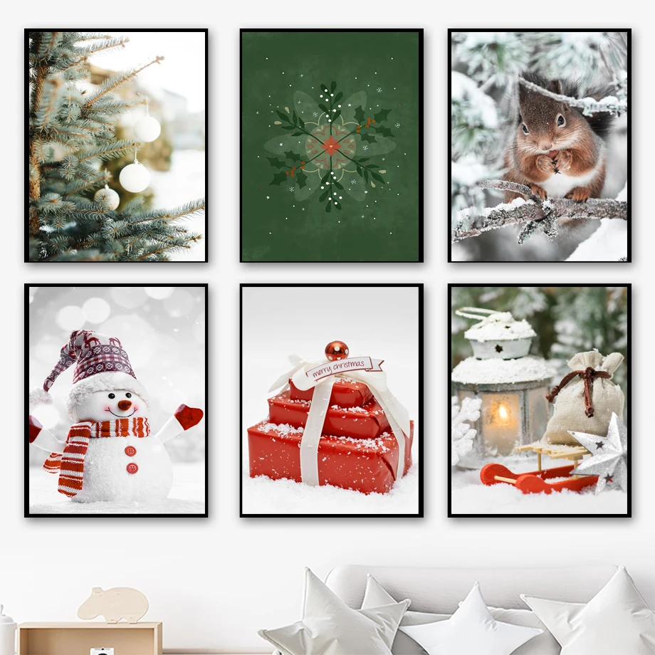 

Christmas Decor Canvas Wall Art - Red House Car Reindeer Santa Squirrel Gift Snowman Tree - Festive Home Poster Print