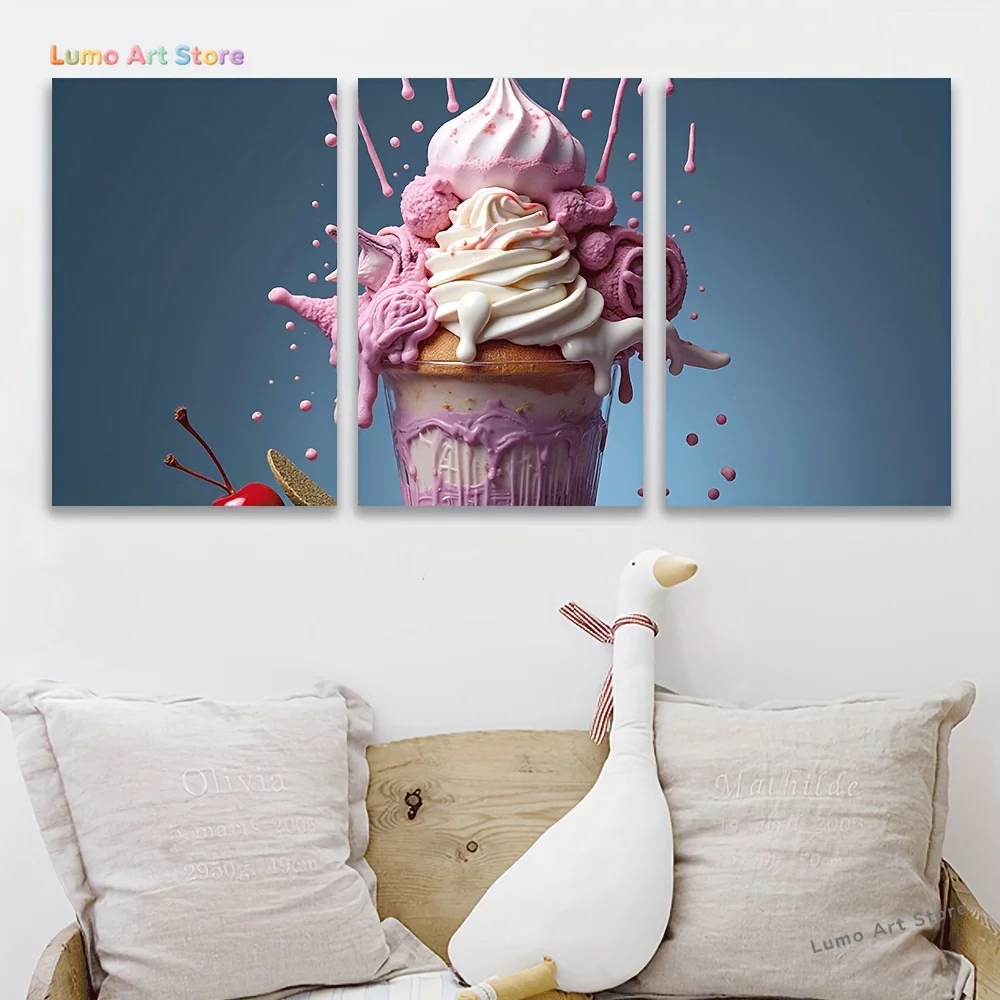 2D Flat, 3pcs Modern Ice Cream Sundae Wall Art - Frameless Vertical Canvas Posters Suitable for Living Room, Bedroom, Kitchen