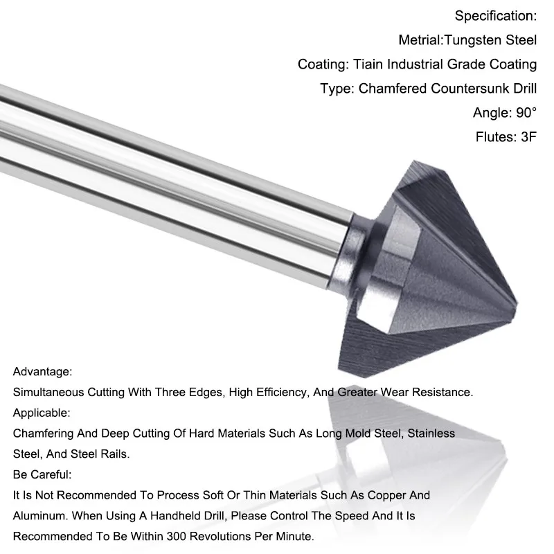 AZZKOR 6.3mm-60.0mm Reverse Alloy Countersunk Drill Bit Tungsten Steel Carbide 3-Flutes 90-Degrees Chamfering Cutter