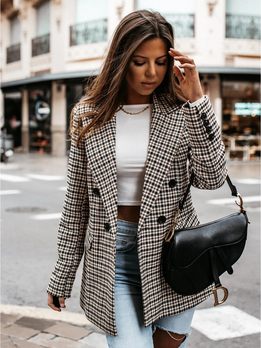 Autumn/Winter Women\'s Long Sleeve Plaid Blazer Female Korean Style Office Suit Collar Jacket Coat