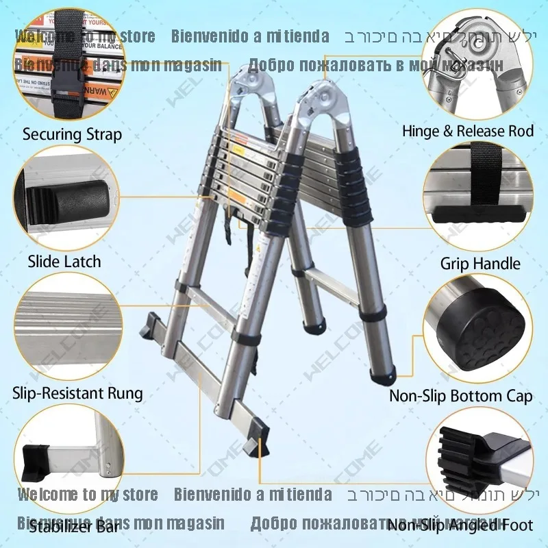 Escalera telescópica recta para el hogar, Marco A, resistente, de acero inoxidable, plegable, 2 en 1, extensión de 16,5 pies, 330lb/150kg, 5M