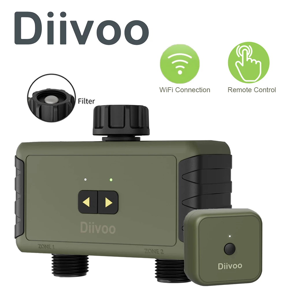 

Diivoo WiFi Sprinkler Timer 2 Zone, Remote Control Irrigation Timer with Wi-Fi Hub, Automatic Manual Watering for Garden, Yard