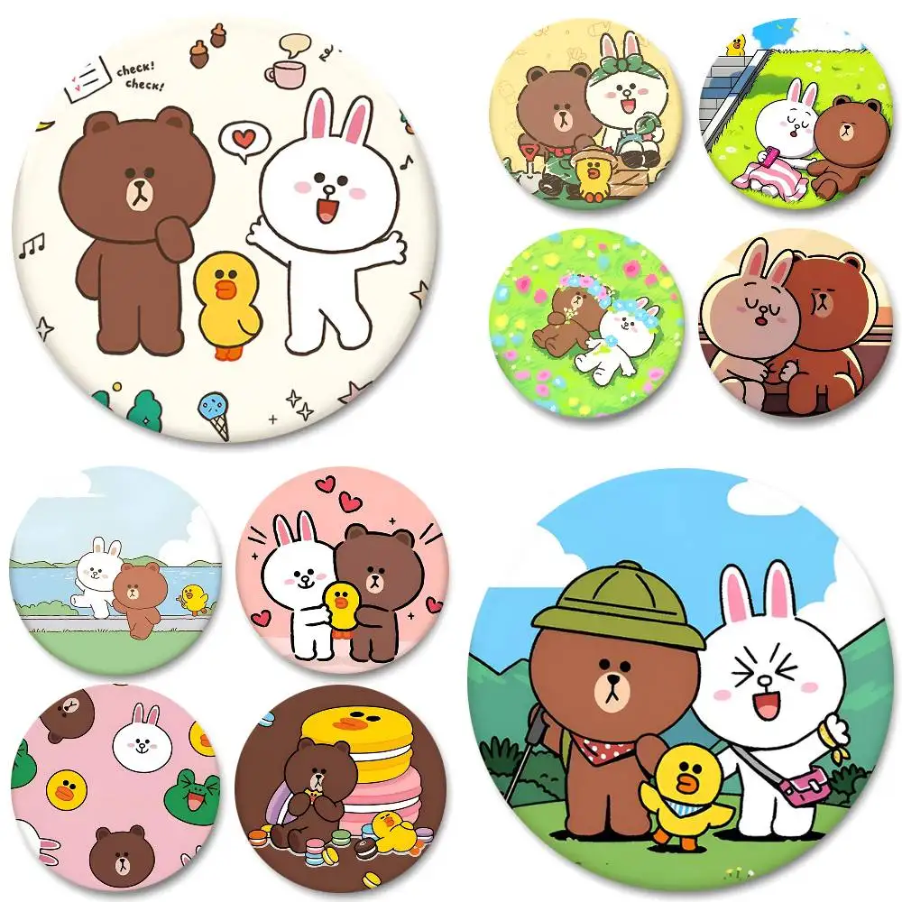 Cute Korean L-LINE FRIENDS Brown Bear And Cony Round Badge Creative Brooch Clothing Backpack Accessories Lapel Pin