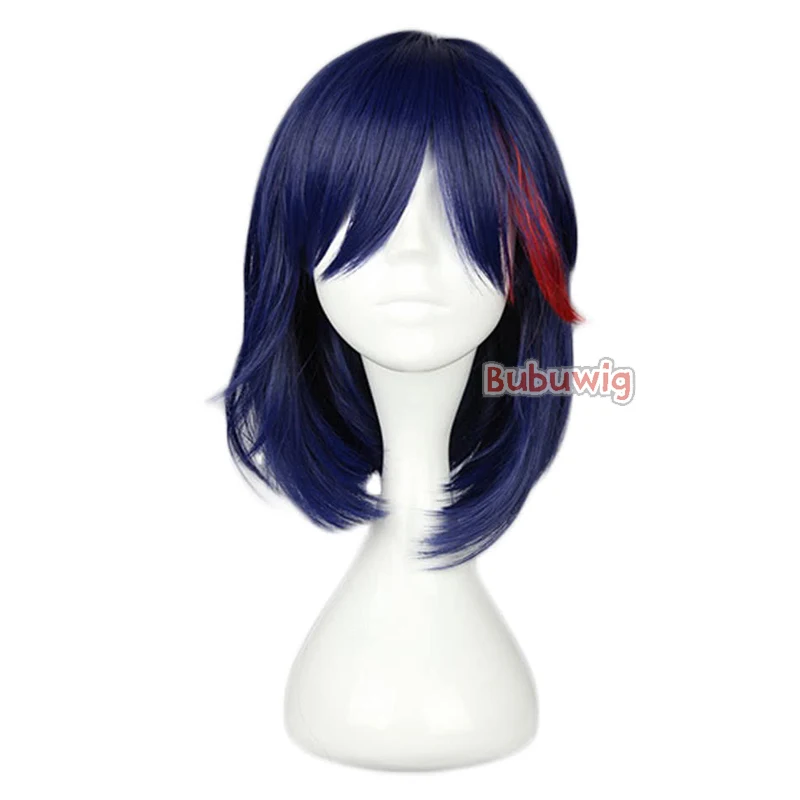 Bubuwig Rambut Sintetis Wig Cosplay Kill La Kill Ryuko Wanita 40Cm Wig Anime Sintetis Lurus Merah Campuran Biru Tahan Panas