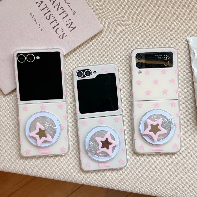 Cute full screen pink star Magsafe Wireless Charge Phone Case For Samsung Z Flip 7 6 5 4 3 Shiny star Mirror Magnetic cover﻿﻿﻿﻿