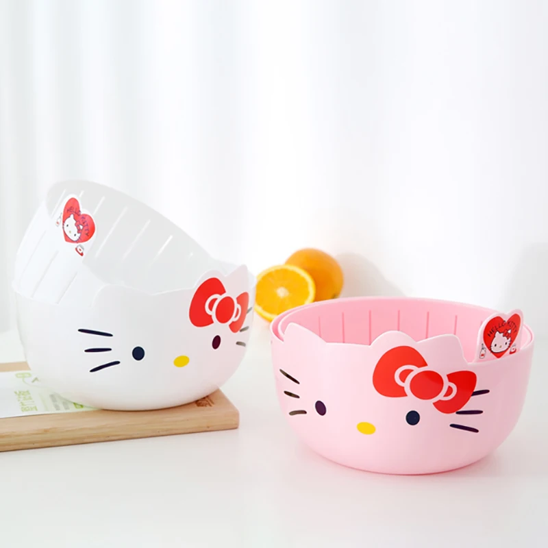 سلة غسيل الخضروات للمطبخ من هالو كيتي، طبقة مزدوجة، تصميم مجوف، سلة خضروات فواكه، لوازم المطبخ