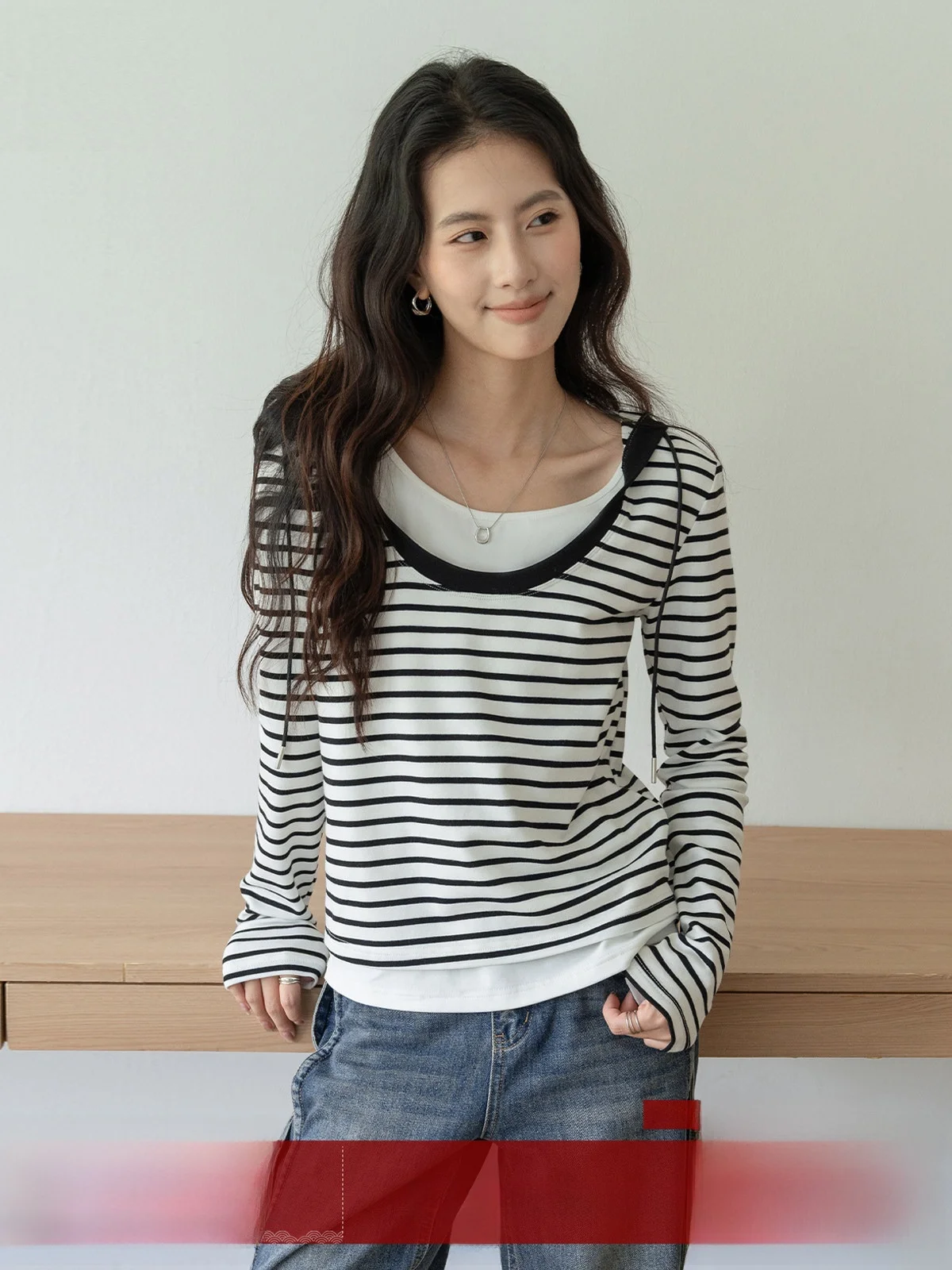 

Mo Zao Women's Long Sve Hoodie T-irt Striped Two-Piece Loose Slimming Versatile Top Casual Sle Autumn New Arrival