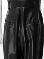 Women Fashion Casual PU Leather Cargo Jumpsuit Cold Shoulder Button Wide-leg Straight Overalls for Rave Party Club Streetwear - Image 4