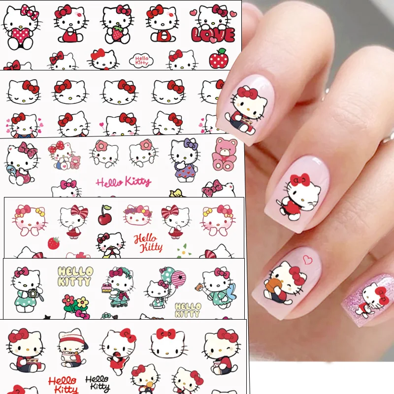 1sheet Japanese Nail Sticker HelloKitty Cat Head Heart Cartoon Cute Nail Decal with Adhesive Ornament Back Glue Manicure Sticker