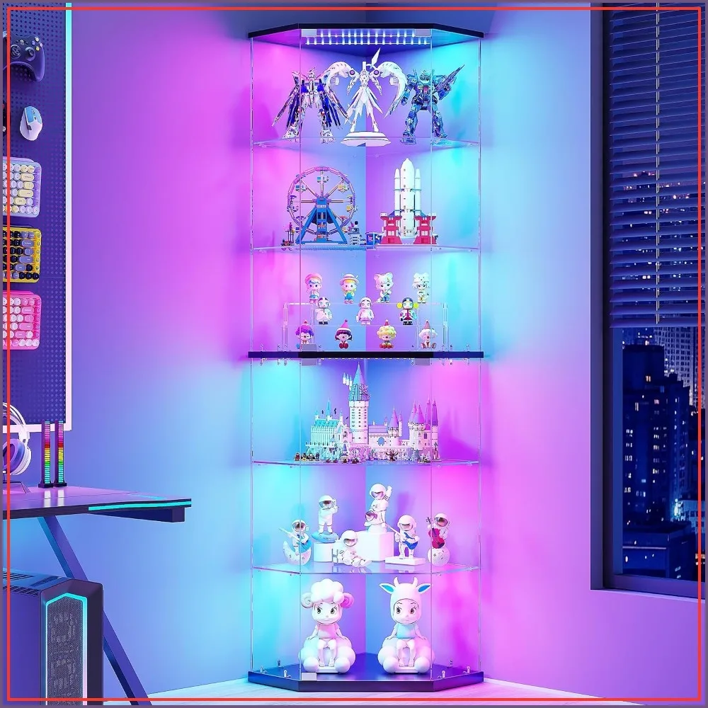 6-Tier Corner Display Cabinet Full Glass with RGB Light Black