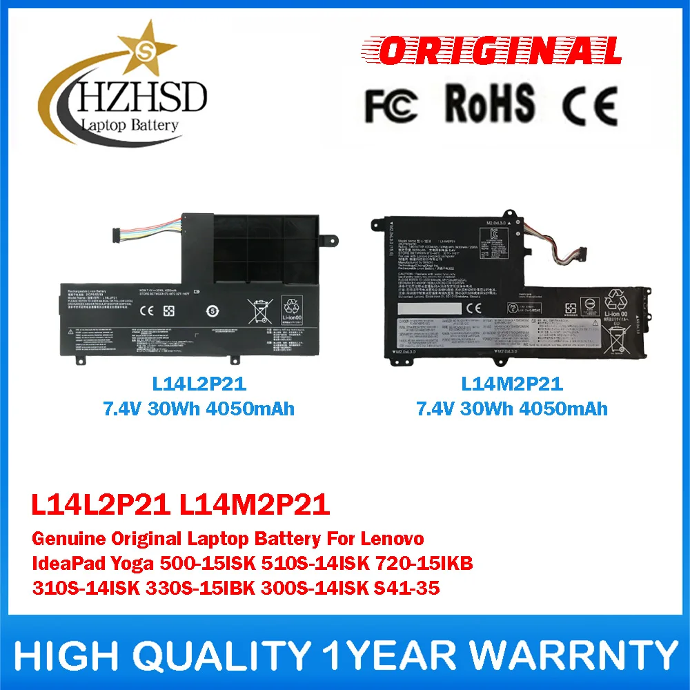 

L14L2P21 7.4V 30Wh L14M2P21 Genuine Original Laptop Battery For Lenovo IdeaPad Yoga 500-15ISK 510S-14ISK 720-15IKB 310S-14ISK