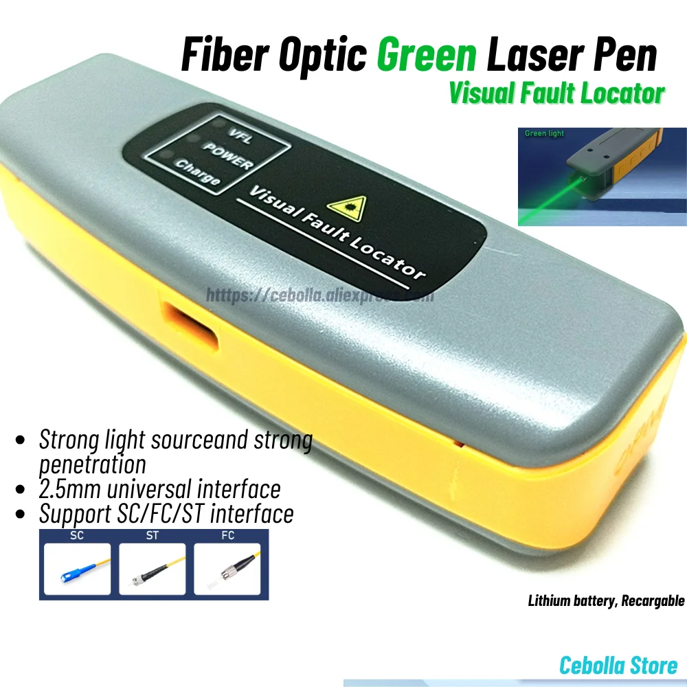 10MW  20mw VFL Visual Fault Locator,Recargable Laser FTTH Fiber Optic Cable Test Green Light Pen