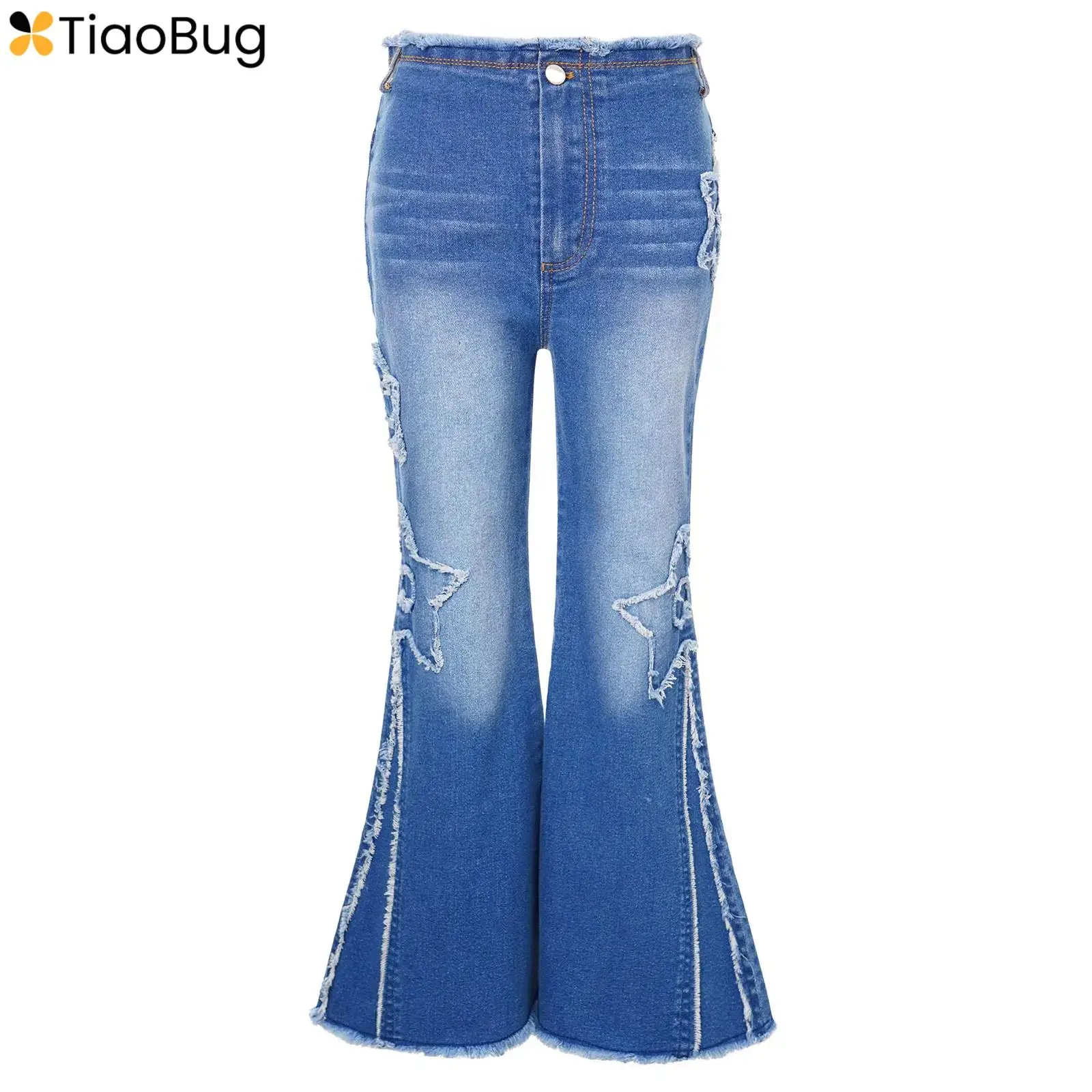 

Kids Girls Flare Jeans Trousers Spring Autumn Denim Cotton Long Pants Stripe Side Seam Burred Ripped Bell-Bottom Casual Clothing