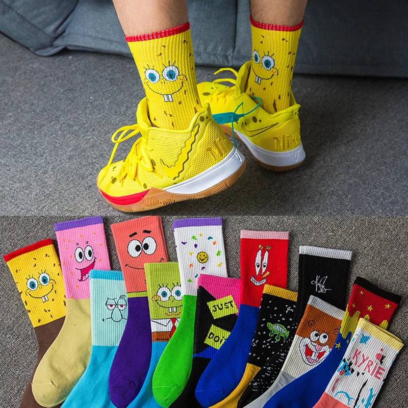 Anime Kawaii Yellow Figure High-cut Men's Spongebobs Squidwards PatrickStar Long-tube Trendy Socks Student Basketball Socks Gift