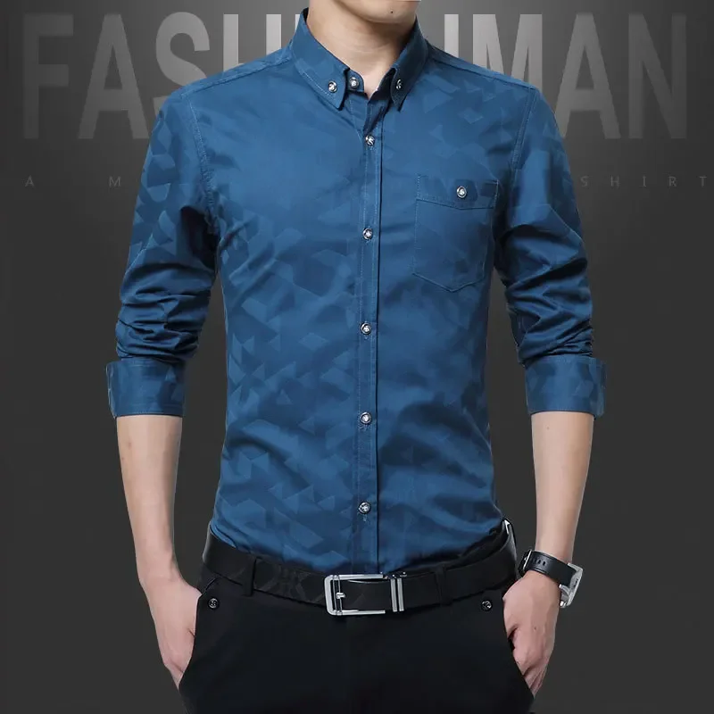 Hot Sale New Fashion Casual Men Shirt Long Sleeve Jacquard Weave Slim Fit Shirt Men Cotton Mens Dress Shirts Men Clothes 5XL