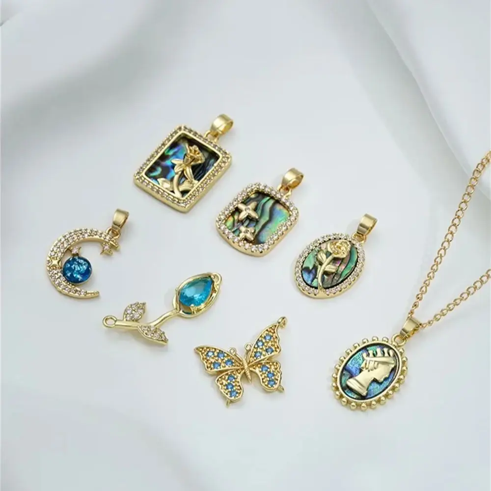 14K Light Gold Color Retention Blue Zirconium Butterfly Tulip Abalone Shell Rose Queen Pendant DIY Jewelry Necklace Pendant