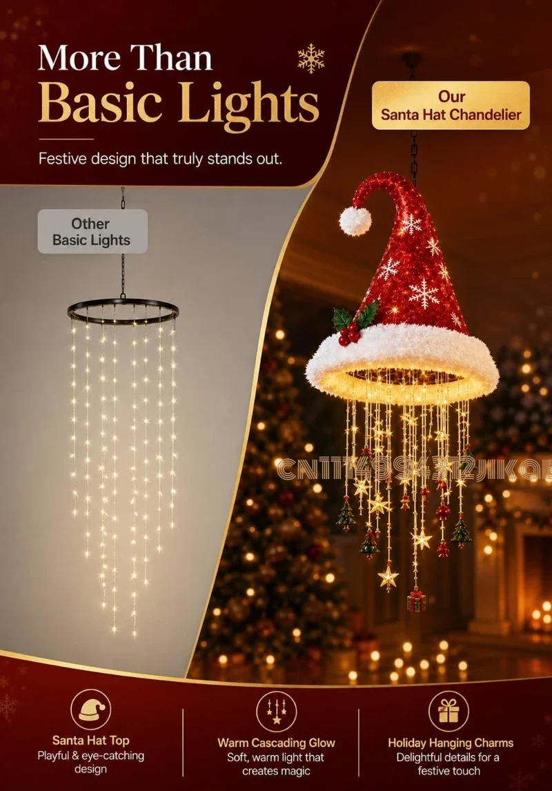 Lighted Santa Hat Hanging Chandelier, Indoor Outdoor Christmas Decor,Warm LED Christmas String Light with Festive Tassels - view 4