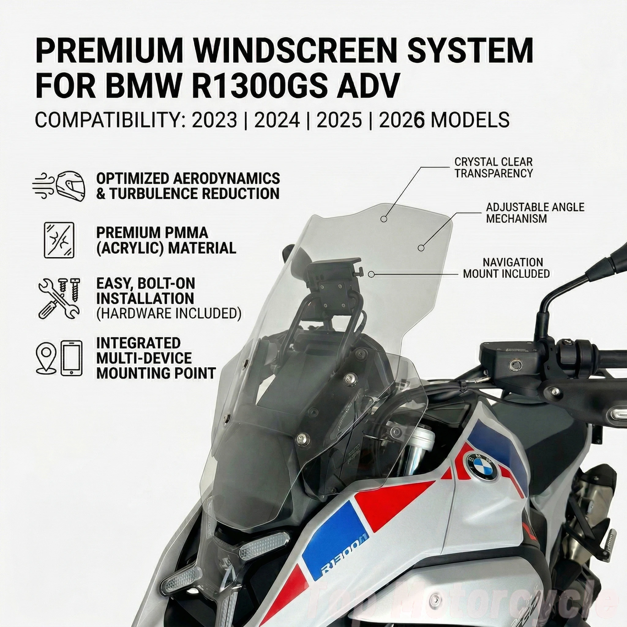 

Motorcycle Sport Racing Heightened Windscreen Windshield Visor Air Deflector Front Wind Glass Fit for BMW R1300GS ADV 2023-2026