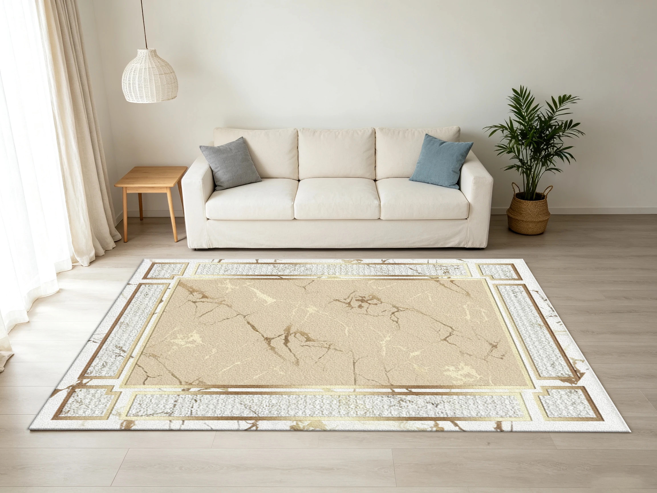 Luxury Beige Marble Square Carpet Flooring Golden Vein Texture Border Rug for High-End Home Decor