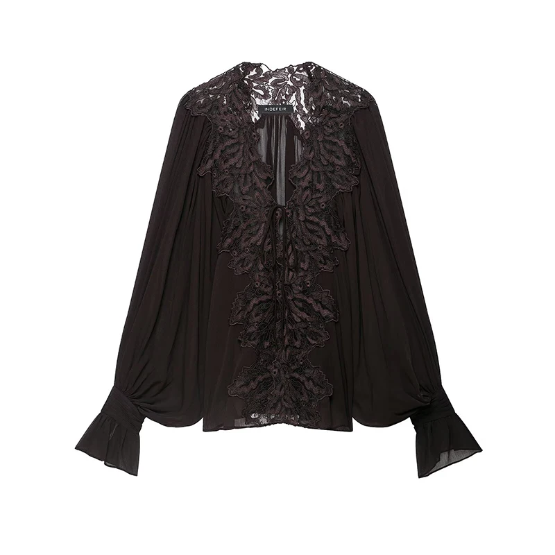 YENKYE Women Romantic Lace Patchwork Shirt V Neck Tie Front Long Sleeve Loose Shirt Sexy Semi-Sheer Tops