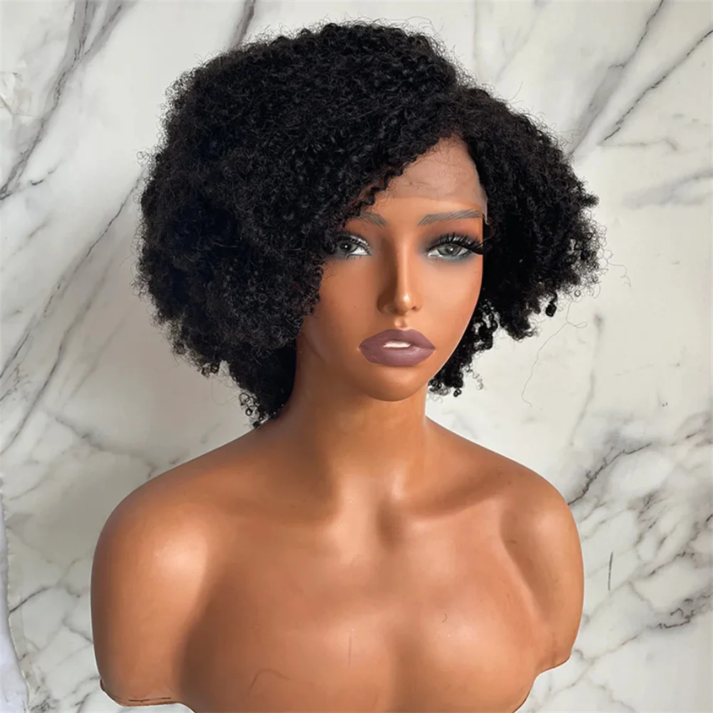 Perruque Bob Lace Front Wig crépue bouclée sans colle pour femmes noires, cheveux de bébé, pre-plucked, doux, naturel, noir, court, densité 180, degré de chaleur