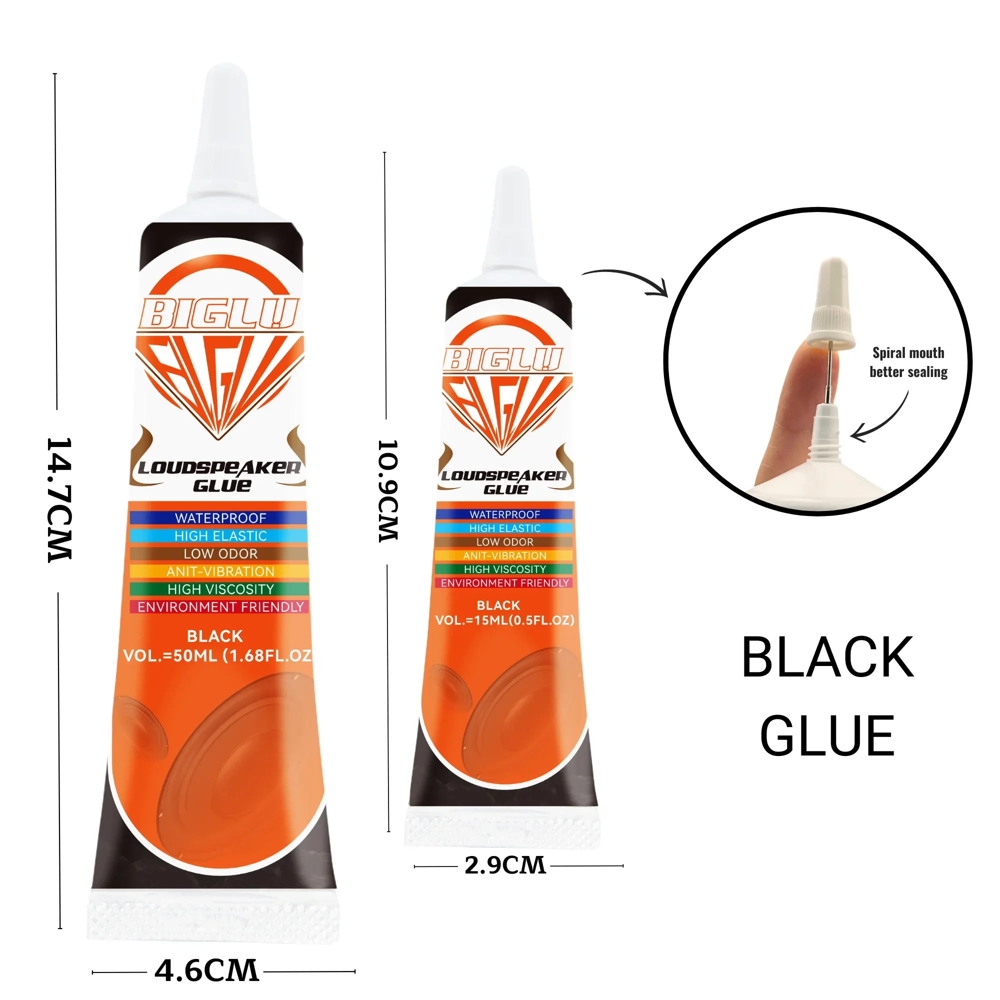 15/50 ml BIGLU Lautsprecher-Reparaturkleber, schwarz/klarer Schaumstoff, seitliche Staubkappe, Gummikante, Kegelbecken, starker Klebstoff – Detail 8