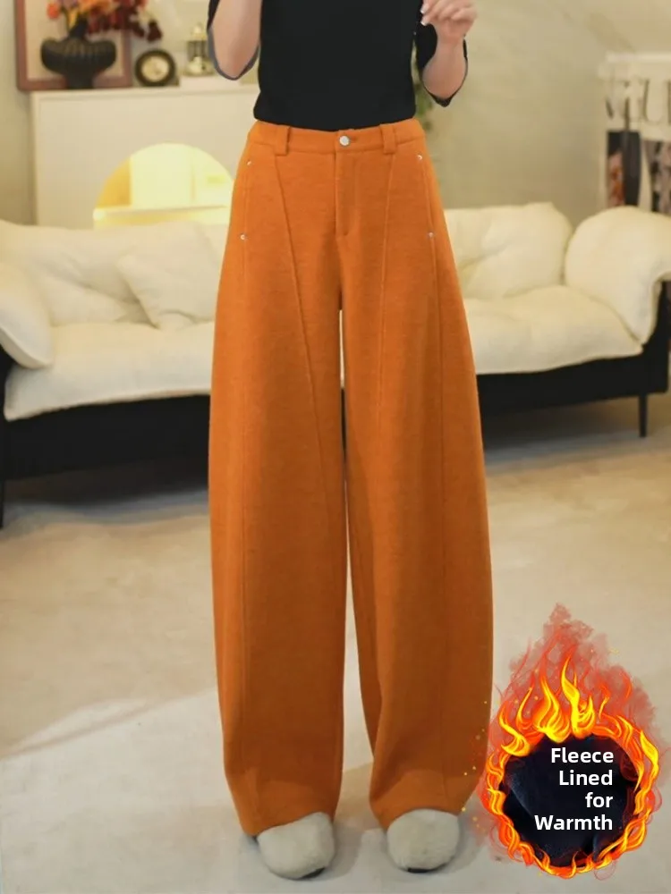 Pantaloni a banana a gamba larga a vita alta foderati in lana calda Fce Pantaloni a taglio dritto da donna Faion Commute Sle Colore puro coreano